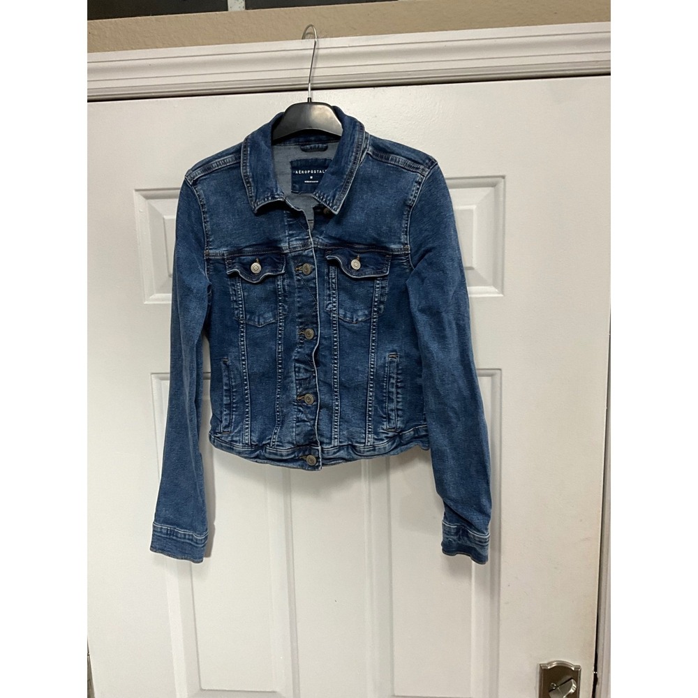 Aeropostale Womens Medium Blue Denim Trucker Jacket Size M Stretch Button Up